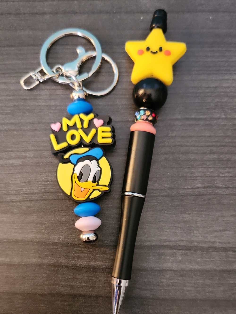 Donald Duck Keychain & Yellow Star Beaded Pen